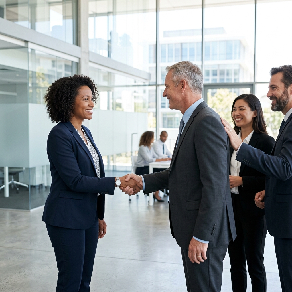 A professional group of diverse business executives shaking hands.