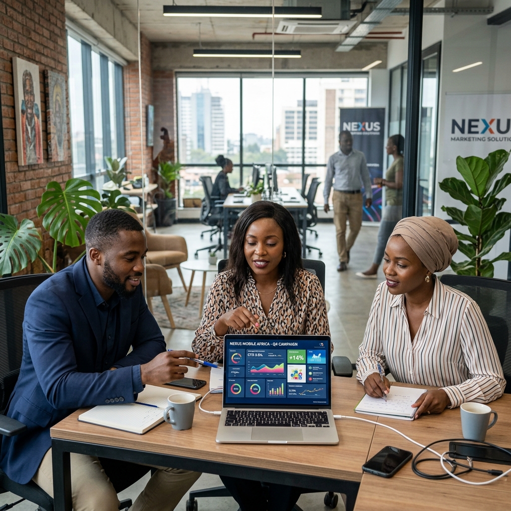 Marketing professionals reviewing digital campaigns on a laptop.