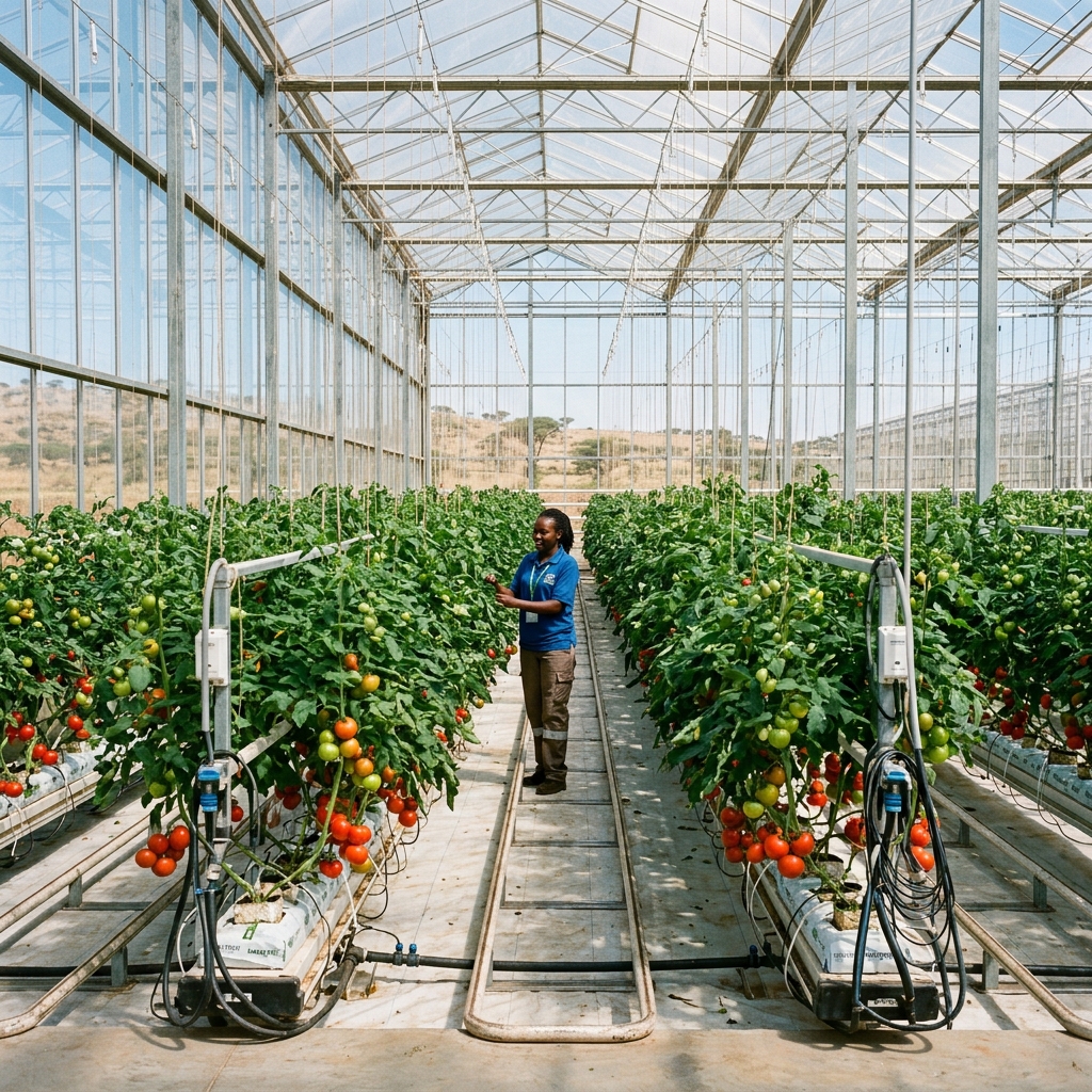 Rows of high-yield crops growing inside a modern commercial greenhouse.
