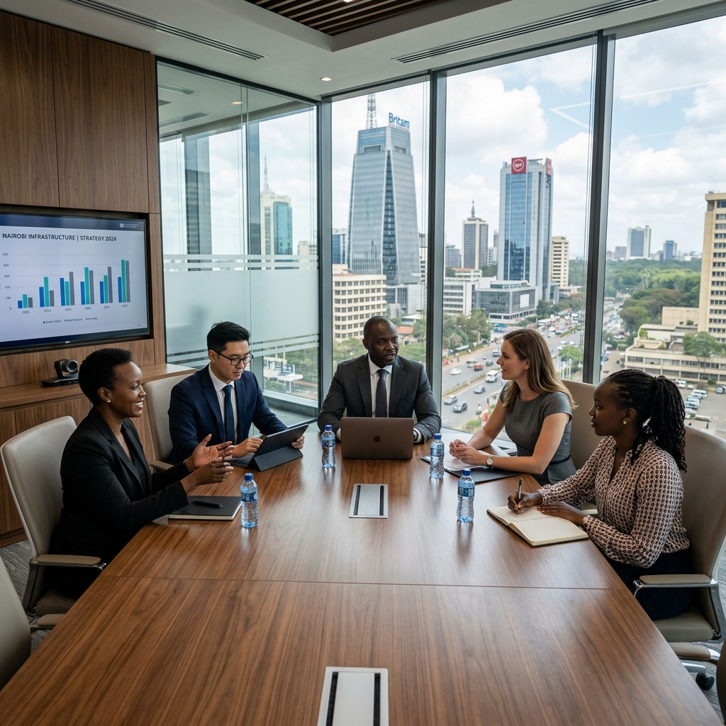 Professional business team of diverse experts in a high-end corporate setting in Nairobi.