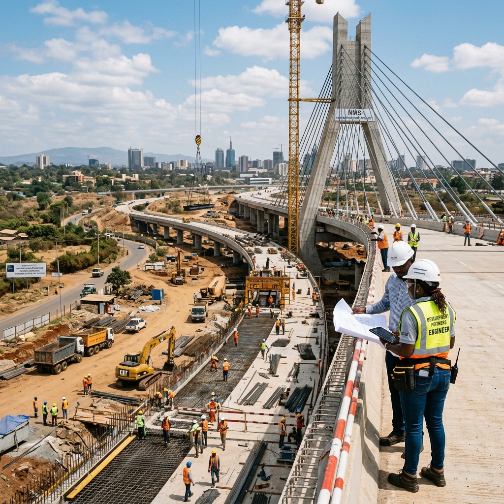 Construction of a modern infrastructure project in Africa.