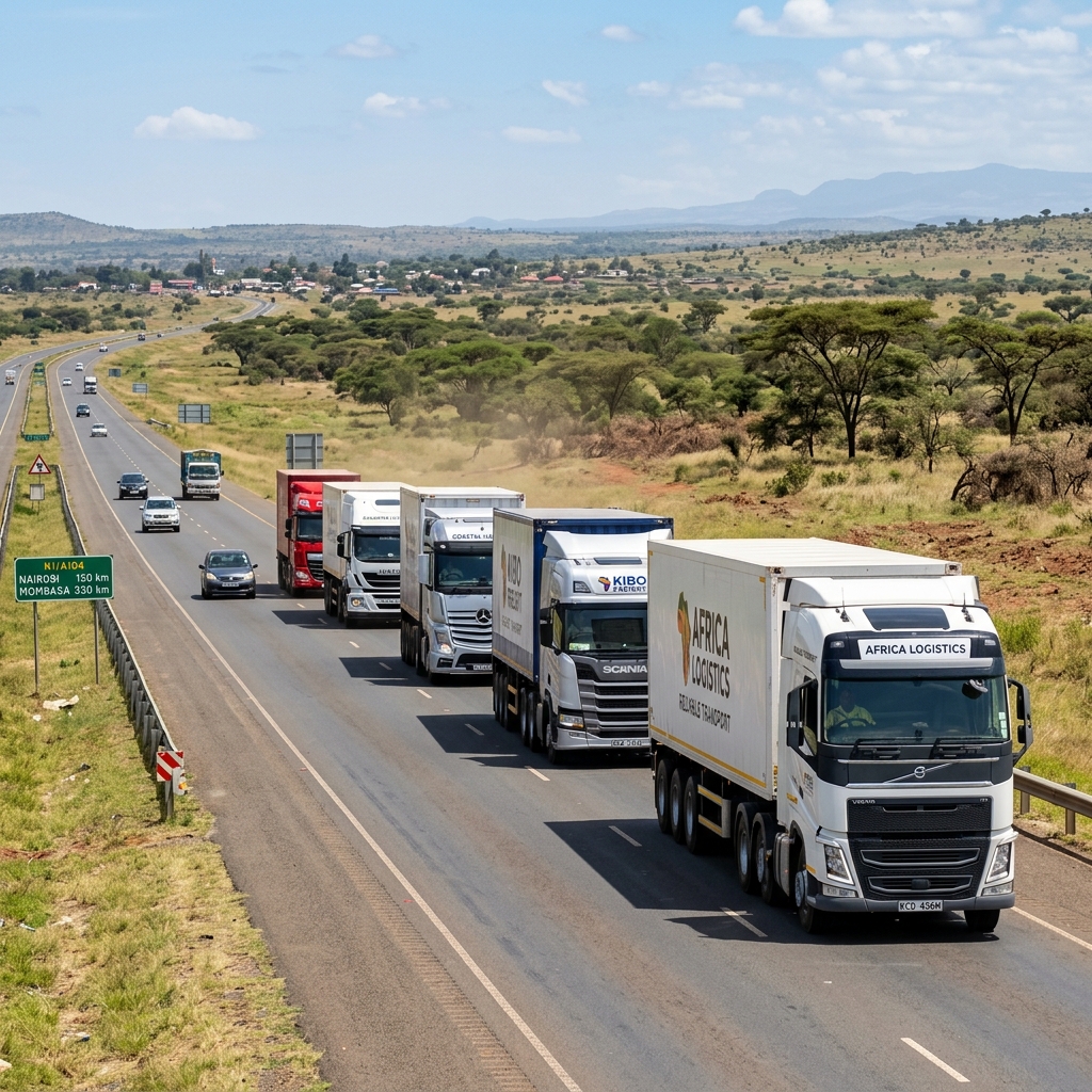 A fleet of modern logistics trucks driving on a highway.