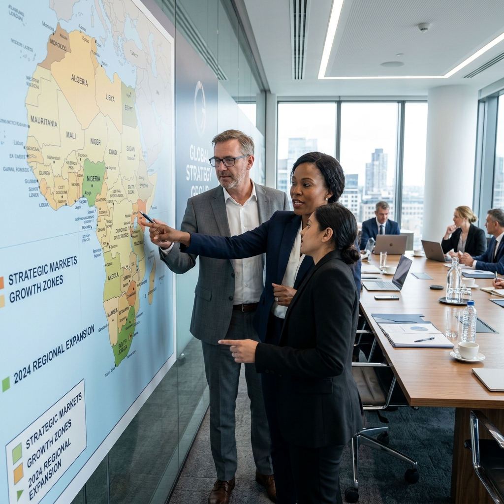 Executives pointing at a map of Africa during a strategy meeting.