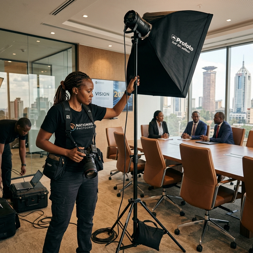 Professional photographer setting up lighting for a corporate shoot.