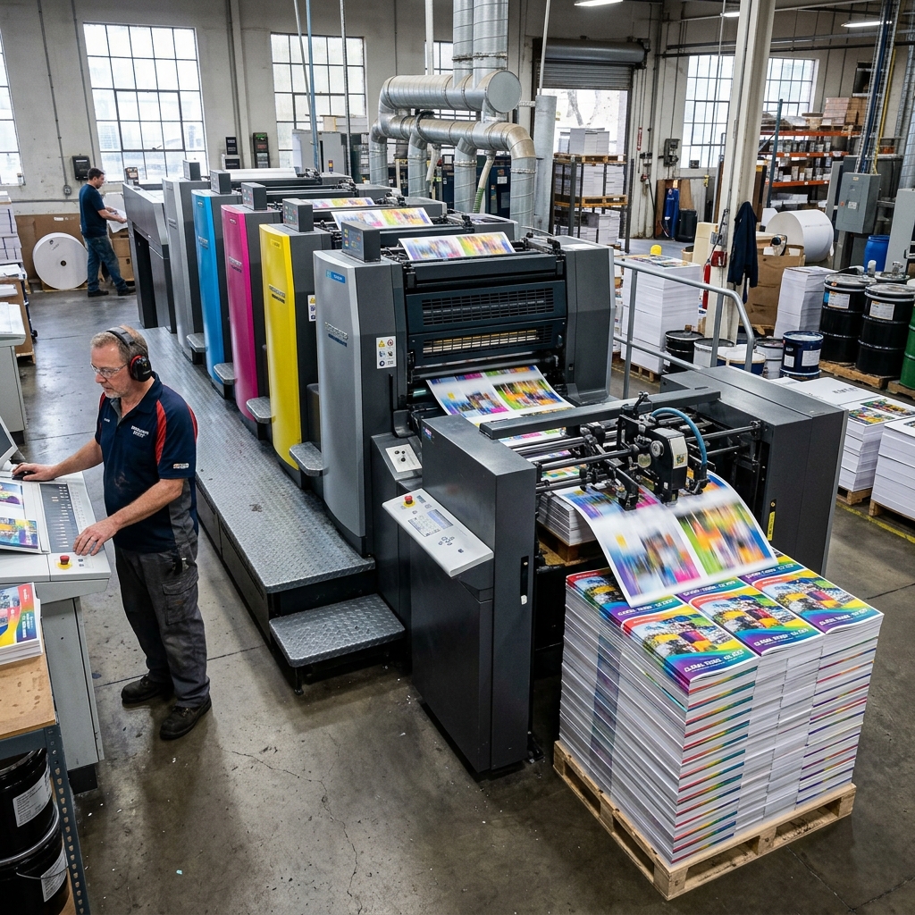 Large industrial offset printing press in operation.