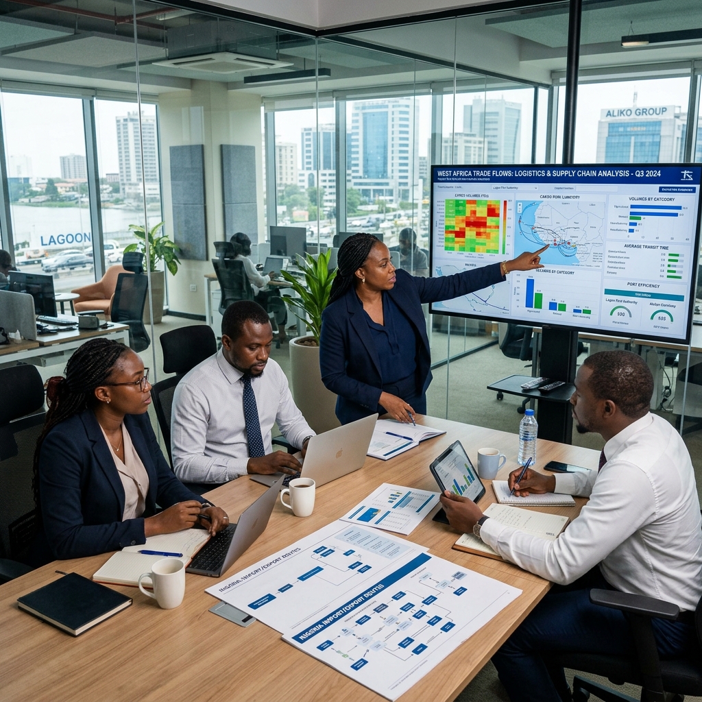 Consultants analyzing trade data and logistics charts.