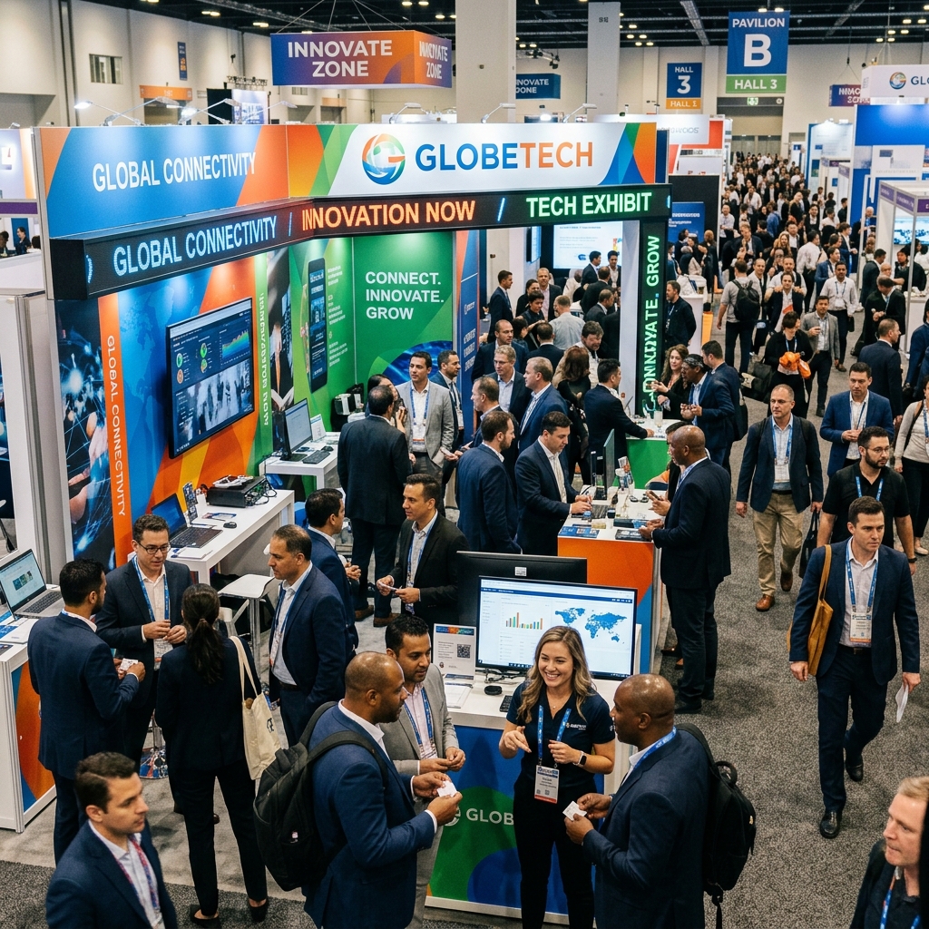 A crowded and vibrantly designed booth at an international trade expo.
