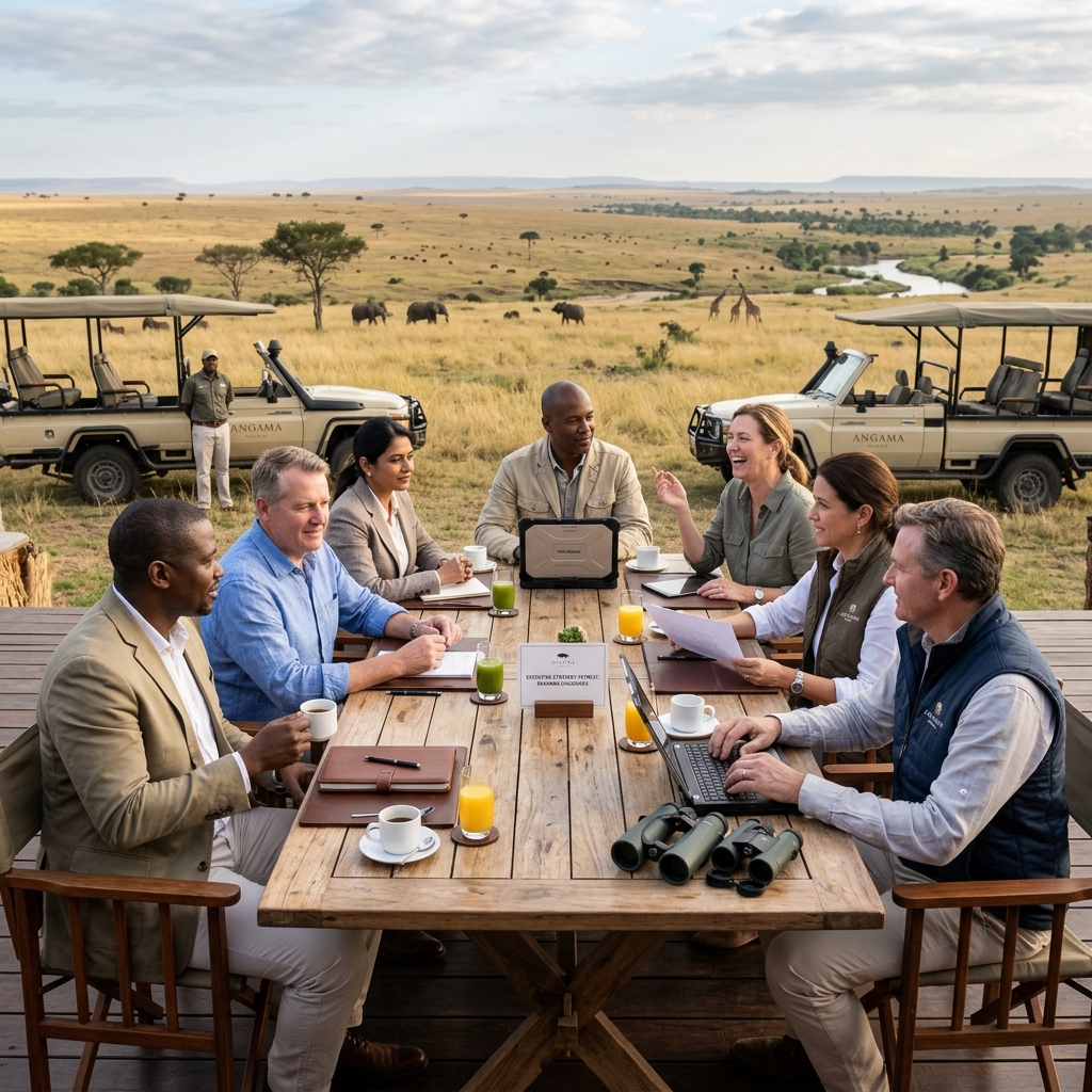 Executives on a luxury safari retreat in the African savanna.