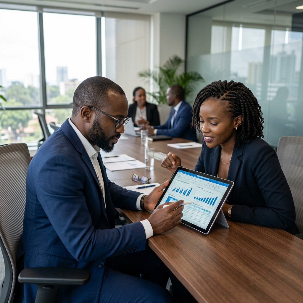 Business partners reviewing a data-rich report.